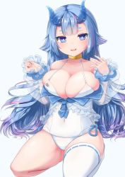 Rule 34 | 1girl, :d, aged up, alternate breast size, asymmetrical legwear, azur lane, babydoll, blouse, blue eyes, blue hair, blue horns, blue ribbon, blunt bangs, blush, breasts, bursting breasts, cleavage, collar, collarbone, curvy, detached sleeves, fang, fanning face, frilled shirt, frills, highres, horns, i-13 (azur lane), large breasts, long hair, looking at viewer, multicolored hair, one-piece swimsuit, open mouth, puffy sleeves, ribbon, ribbon-trimmed legwear, ribbon trim, school swimsuit, see-through, see-through sleeves, seiza, shirt, short eyebrows, simple background, sitting, skindentation, smile, sokona (sosokona), solo, streaked hair, swimsuit, thick eyebrows, thick thighs, thighhighs, thighs, translucent horns, uneven legwear, white background, white one-piece swimsuit, white shirt, white thighhighs, yellow neckwear