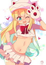 Rule 34 | 1girl, absurdres, animal hands, animal hat, artist name, blonde hair, blue eyes, blush, bow, breasts, cowboy shot, dated, dress, embarrassed, floral background, gloves, hair between eyes, hand on own hip, hat, heart, highres, lily white, long hair, looking at viewer, midriff, miniskirt, navel, one eye closed, open mouth, paw gloves, pleated skirt, short dress, skirt, sleeveless, small breasts, smile, solo, sweatdrop, te toga, tears, touhou, underboob, white background