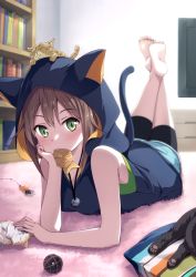 Rule 34 | 1girl, animal ears, animal hood, arm support, bike shorts, book, bookshelf, brown hair, carpet, cat, cat ears, cat hood, cat tail, cat teaser, character request, crossed legs, food, green eyes, hand on own chin, headpat, hood, jacket, kitten, looking at viewer, lying, mouth hold, on stomach, ouka (ra-raradan), princess connect!, sleeveless, solo, tail, taiyaki, takoyaki, tamaki (princess connect!), tamaki (real) (princess connect!), television, wagashi