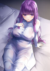 Rule 34 | 1girl, arm support, bed, bed sheet, breasts, commentary, cut bangs, dress, fern (sousou no frieren), fingernails, hand on own chest, highres, irohara, large breasts, long hair, looking to the side, on bed, pillow, purple eyes, purple hair, sitting, solo, sousou no frieren, white dress
