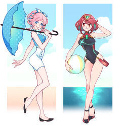 Rule 34 | 2girls, arm behind head, ball, beachball, black footwear, blue eyes, blush, breasts, commission, covered navel, cupid parasite, full body, large breasts, looking at viewer, lynette mirror, medium breasts, multicolored hair, multiple girls, one-piece swimsuit, parasol, pink hair, pyra (pro swimmer) (xenoblade), pyra (xenoblade), red eyes, red hair, smile, standing, swimsuit, tiara, umbrella, vergolophus, xenoblade chronicles (series), xenoblade chronicles 2