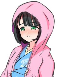 Rule 34 | 1girl, anyoji hime, black hair, blue kimono, blunt bangs, blunt ends, blush, borrowed clothes, closed mouth, commentary request, crossed arms, daime (hyahhaa10), floral print kimono, green eyes, highres, hood, hood up, hooded jacket, jacket, japanese clothes, kimono, link! like! love live!, love live!, momose ginko, nose blush, official alternate costume, open clothes, open jacket, pink jacket, short hair, simple background, smile, solo, split mouth, upper body, virtual youtuber, white background