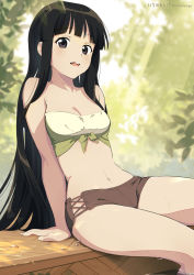 Rule 34 | 1girl, anime coloring, artist name, bikini, black eyes, black hair, blunt bangs, breasts, cleavage, commentary request, highres, ichimi renge, long hair, looking at viewer, navel, open mouth, original, small breasts, soaking feet, solo, strapless, swimsuit, tube top, twitter username, watermark