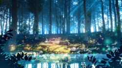 Rule 34 | artist name, dappled sunlight, fireflies, forest, grass, hachio81, highres, lake, nature, no humans, original, plant, reflection, reflective water, rock, scenery, sunlight, tagme, tree, water