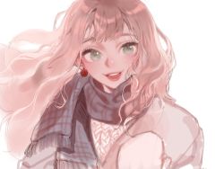 Rule 34 | 1girl, bad id, bad twitter id, candlebambi, character request, commentary, english commentary, green eyes, highres, jacket, long hair, mittens, open mouth, original, pink hair, pink lips, round teeth, scarf, solo, swept bangs, teeth, white background