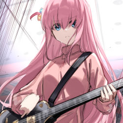 Rule 34 | 1girl, blue eyes, blurry, blurry background, bocchi the rock!, closed mouth, cube hair ornament, daifuku (tkja3555), electric guitar, feet out of frame, gibson les paul, gotoh hitori, guitar, hair between eyes, hair ornament, highres, holding, holding instrument, instrument, jacket, jersey, long hair, long sleeves, music, pink hair, pink jacket, playing instrument, solo, track jacket, upper body