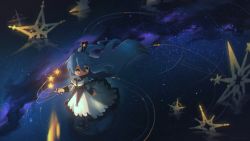 Rule 34 | 1girl, absurdres, blue hair, commentary, dress, english commentary, highres, long hair, looking back, original, porforever, reflection, ripples, sky, solo, star (sky), star (symbol), starry sky, very long hair, walking, walking on liquid, yellow eyes