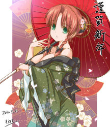 Rule 34 | 10s, 1girl, 2014, alternate costume, bare shoulders, blush, bow, braid, breasts, cleavage, green eyes, hair bow, hong meiling, japanese clothes, kimono, large breasts, long hair, looking at viewer, monety, new year, oil-paper umbrella, red hair, solo, touhou, twin braids, umbrella
