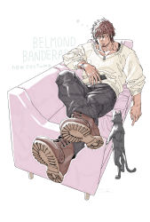 Rule 34 | 1boy, animal, belmond banderas, black-framed eyewear, black cat, black pants, boots, brown footwear, brown hair, cat, cellphone, character name, closed eyes, collarbone, commentary, couch, cross-laced footwear, eyebrows hidden by hair, facial hair, facing viewer, full body, glasses, highres, hima (nichikan), holding, holding phone, lace-up boots, long sleeves, lying, male focus, nijisanji, on back, on couch, pants, parted lips, phone, semi-rimless eyewear, simple background, solo, stubble, sweater, under-rim eyewear, virtual youtuber, white background, white sweater