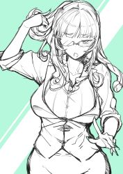 Rule 34 | 1girl, breasts, carmilla (fate), contemporary, curly hair, dress shirt, fate/grand order, fate (series), fue (rhomphair), glasses, green background, green theme, highres, jacket, large breasts, lineart, long hair, looking at viewer, open mouth, shirt