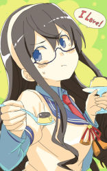 Rule 34 | 10s, 1girl, black hair, blue eyes, blush stickers, engiyoshi, english text, feeding, food, glasses, hairband, incoming food, kantai collection, long hair, looking at viewer, ooyodo (kancolle), pout, pudding, school uniform, serafuku, solo, spoon, sweat, tears