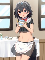 Rule 34 | 1girl, :d, absurdres, alternate costume, apron, black eyes, black hair, black skirt, blush, bow, bowtie, cake, cake slice, commentary, cowboy shot, crop top, cup, flower, food, groin, hair between eyes, head wings, highres, holding, holding teapot, indoors, kemono friends, looking at viewer, maid headdress, midriff, navel, open mouth, red bow, red bowtie, see-through, shiraha maru, short hair, skirt, smile, solo, superb bird-of-paradise (kemono friends), table, tablecloth, tail, teapot, waist apron, window, wings