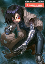 Rule 34 | 1girl, black hair, bodysuit, boots, breasts, clenched hand, commentary, cyborg, english commentary, facial mark, fighting stance, alita, battle angel alita, highres, knee boots, knee pads, long coat, mechanical arms, patreon username, red eyes, short hair, small breasts, solo, watermark, web address, xong