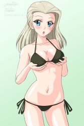 Rule 34 | 1girl, :o, artist name, bikini, blonde hair, blue eyes, blush, breast hold, breasts, clara (girls und panzer), commentary, cowboy shot, dated, girls und panzer, green background, green bikini, long hair, looking at viewer, matsui yasutsugu, medium breasts, navel, one-hour drawing challenge, open mouth, side-tie bikini bottom, signature, simple background, solo, standing, swimsuit