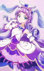 Rule 34 | 1girl, absurdres, aqua eyes, commentary request, cure majesty, dress, elbow gloves, ellee-chan, eyelashes, gloves, hair ornament, happy, highres, hirogaru sky! precure, long hair, looking at viewer, magical girl, nanai, precure, purple dress, purple hair, smile, solo, thighhighs, thighs, white thighhighs, wing hair ornament