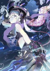 Rule 34 | 10s, 119, 1girl, abyssal ship, air bubble, arm cannon, arm up, bad id, bad pixiv id, bubble, cannon, colored skin, destroyer princess, gloves, hair ribbon, hand on headwear, hat, highres, horns, kantai collection, long hair, looking at viewer, looking back, midriff, purple eyes, ribbon, school uniform, serafuku, side ponytail, skirt, sleeveless, solo, underwater, weapon, white hair, white skin