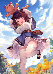 Rule 34 | 1girl, :d, arms up, belt, black footwear, blue skirt, blue sky, breasts, brown eyes, brown hair, capelet, cloud, commentary request, day, draph, flower, frilled skirt, frills, granblue fantasy, hair bobbles, hair ornament, hairband, highres, horns, large breasts, long sleeves, looking at viewer, open mouth, outdoors, panties, pantyshot, petals, plaid capelet, shirt, shoes, short hair, skirt, sky, smile, solo, stuffed animal, stuffed toy, teddy bear, thighhighs, u jie, underwear, upskirt, white panties, white shirt, white thighhighs, yaia (granblue fantasy)