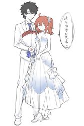 Rule 34 | 1boy, 1girl, ahoge, black hair, blue eyes, blue necktie, bouquet, breasts, chaldea logo, choker, closed eyes, command spell, commentary request, double-parted bangs, dress, fate/grand order, fate (series), flower, formal, fujimaru ritsuka (female), fujimaru ritsuka (male), hair between eyes, hair flower, hair ornament, hair tie, high heels, highres, holding, holding bouquet, medium breasts, necktie, open mouth, orange hair, parted bangs, red flower, short hair, side ponytail, speech bubble, suit, translation request, white background, white choker, white dress, white flower, white suit, yukihara sbgd