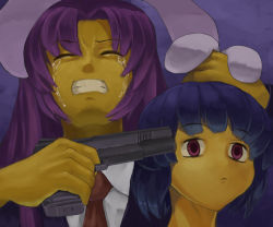 Rule 34 | 2girls, animal ears, at gunpoint, bad id, bad pixiv id, rabbit ears, clenched teeth, colored skin, crying, closed eyes, female focus, gun, gun to head, holding, holding gun, holding weapon, inaba tewi, multiple girls, reisen udongein inaba, tears, teeth, tooku nomura (artist), touhou, weapon, yellow skin
