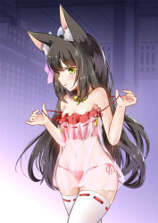 Rule 34 | 1girl, animal ear fluff, animal ears, azur lane, black hair, bra, bra pull, breasts, camisole, choker, cleavage, clothes pull, commentary request, fox ears, long hair, lowleg, lowleg panties, mask, mask on head, minase tamaki, nagato (azur lane), nagato (great fox&#039;s respite) (azur lane), navel, off shoulder, panties, pulling own clothes, red bra, red panties, see-through, side-tie panties, small breasts, smile, solo, thighhighs, underwear, underwear only, white thighhighs, yellow eyes