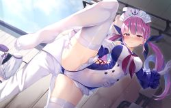 Rule 34 | 1boy, 3girls, absurdres, ahoge, anchor print, anchor symbol, arm grab, ass, azur lane, blue hair, blue one-piece swimsuit, blue ribbon, blush, braid, breasts, cameltoe, closed mouth, colored inner hair, detached sleeves, drill hair, elbow gloves, erect clitoris, faceless, faceless male, gloves, hair ribbon, hetero, highres, hololive, large breasts, light particles, long hair, long sleeves, maid headdress, minato aqua, multicolored hair, multiple girls, murasaki shion, nakiri ayame, neckerchief, no shoes, one-piece swimsuit, outdoors, pants, puffy sleeves, purple eyes, purple hair, red neckerchief, ribbon, see-through, see-through swimsuit, shimo (shimo332215), skirt, split, standing, standing on one leg, standing split, swimsuit, thighhighs, thighs, toes, twin drills, twintails, virtual youtuber, white gloves, white legwear, white one-piece swimsuit, white pants