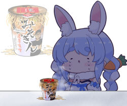 Rule 34 | 1girl, animal ear fluff, animal ears, blue hair, braid, carrot hair ornament, commentary request, crying, cup ramen, detached sleeves, don-chan (usada pekora), food, food-themed hair ornament, hair ornament, hololive, matarou (matarou072), messy, multicolored hair, noodles, rabbit ears, rabbit girl, solo, steam, tears, thick eyebrows, translation request, twin braids, two-tone hair, usada pekora, virtual youtuber, white hair
