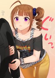 Rule 34 | 1boy, 1girl, ahoge, arm grab, black jacket, black shirt, blue scrunchie, blush, brown hair, closed mouth, commentary, denim, drill hair, flying sweatdrops, frown, grey shirt, heart, highres, idolmaster, idolmaster million live!, jacket, jeans, jewelry, kamille (vcx68), leaning forward, looking at another, medium hair, necklace, out of frame, pants, print scrunchie, print shirt, purple eyes, scrunchie, shirt, shirt straps, side drill, side ponytail, sidelocks, sparkle, standing, star (symbol), star print, t-shirt, thigh gap, translated, white scrunchie, wrist scrunchie, yellow pants, yokoyama nao