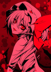 Rule 34 | 1girl, :d, blood, blood splatter, bow, drill hair, fang, female focus, flandre scarlet, from side, gradient background, hat, hat bow, head tilt, lips, looking at viewer, looking to the side, mob cap, monochrome, nude, open mouth, pointy ears, red bow, red eyes, side ponytail, slit pupils, smile, solo, spot color, suzuneko (yume no kyoukai), touhou, upper body, wings