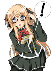 Rule 34 | !, 1girl, blonde hair, blush, book, glasses, open mouth, pantyhose, quiz magic academy, school uniform, shalon, simple background, solo, sweat, white background