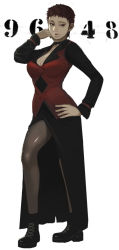 Rule 34 | 1girl, boots, breasts, cleavage, earrings, hand on own hip, jewelry, large breasts, long skirt, pantyhose, pixie cut, red eyes, red hair, short hair, side slit, skirt, solo, standing, steward b, the king of fighters, very short hair, vice (kof)
