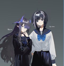 Rule 34 | 2girls, absurdres, arknights, black choker, black eyes, black hair, black sailor collar, black serafuku, black shirt, black skirt, blue bow, blue eyes, bow, choker, closed mouth, collarbone, commentary request, grey background, grey hair, hand up, height, highmore (arknights), highres, horns, la pluma (arknights), long sleeves, looking at viewer, multicolored hair, multiple girls, parted lips, pe902, puffy long sleeves, puffy sleeves, sailor collar, school uniform, serafuku, shirt, simple background, skirt, streaked hair, white shirt