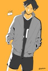 Rule 34 | 1boy, 5600cm, black hair, haikyuu!!, hands in pockets, highres, jacket, looking at viewer, male focus, monochrome, open clothes, open jacket, short hair, simple background, solo, sportswear, spot color, standing, suna rintarou, twitter username, volleyball uniform, yellow background