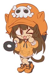 Rule 34 | 1girl, :3, anchor, bike shorts, brown eyes, brown hair, cat tail, full body, guilty gear, guilty gear strive, hat, highres, holding, holding anchor, hood, hoodie, long hair, looking at viewer, may (guilty gear), melty blood, mil17459623, neco-arc, one eye closed, orange footwear, orange hat, orange hoodie, simple background, skull and crossbones, solo, standing, tail, tongue, tongue out, tsukihime, white background