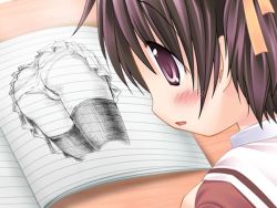 Rule 34 | 1girl, aoki ume, ass, bent over, drawing, embarrassed, game cg, lace, lace-trimmed panties, lace trim, notebook, panties, panty pull, sanarara, shiina nozomi, sketch, solo, thighhighs, underwear