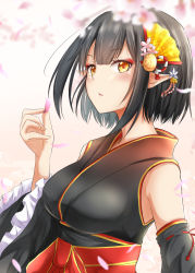 Rule 34 | arm up, black hair, black kimono, blurry, blurry background, breasts, character request, cherry blossoms, commentary request, copyright request, detached sleeves, hair between eyes, hair ornament, holding, holding petal, japanese clothes, kimono, looking at viewer, looking to the side, medium breasts, petals, pointy ears, ram hachimin, short hair, sleeveless, sleeveless kimono, solo, upper body, virtual youtuber, yellow eyes
