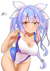 Rule 34 | 1girl, alternate costume, ayuman, blue hair, blue one-piece swimsuit, blush, breasts, collarbone, competition swimsuit, cowboy shot, dated, fang, flower-shaped pupils, hair between eyes, hair ribbon, i-19 (kancolle), kantai collection, large breasts, long hair, looking at viewer, navel, one-piece swimsuit, red eyes, ribbon, signature, simple background, smile, solo, swimsuit, symbol-shaped pupils, tri tails, two-tone swimsuit, white background, white one-piece swimsuit