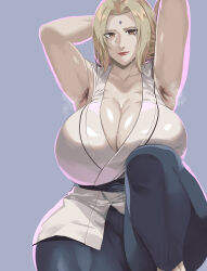 Rule 34 | 1girl, absurdres, alternate breast size, armpit hair, armpits, arms behind head, arms up, belt, blonde hair, blouse, breasts, brown eyes, cleavage, curvy, female focus, highres, huge breasts, looking at viewer, naruto (series), naruto shippuuden, pants, ryopie, shirt, smile, solo, steaming body, thick thighs, thighs, tsunade (naruto), wide hips