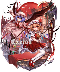 Rule 34 | absurdres, armor, ascot, bat wings, blonde hair, blue hair, commentary request, crystal, flandre scarlet, full body, hat, hat ribbon, highres, looking at viewer, mob cap, one side up, open mouth, outdoors, pink headwear, pink shirt, pink skirt, red ascot, red eyes, red footwear, red ribbon, remilia scarlet, ribbon, shirt, short hair, short sleeves, siblings, signature, sisters, skirt, thighhighs, top-exerou, touhou, white headwear, white thighhighs, wings, yellow ascot