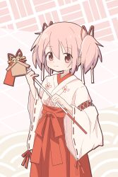 1girl abstract_background absurdres blush bow closed_mouth cowboy_shot hair_between_eyes hair_ornament hairband hakama hakama_skirt highres holding japanese_clothes kaname_madoka long_sleeves looking_at_viewer mahou_shoujo_madoka_magica mahou_shoujo_madoka_magica_(anime) miko nag_peach obi pink_eyes pink_hair red_hakama red_ribbon red_sash ribbon ribbon-trimmed_sleeves ribbon_trim sash short_hair short_twintails skirt smile solo standing string twintails upper_body wide_sleeves