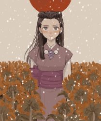 Rule 34 | 1girl, ace attorney, bad id, bad pixiv id, black hair, blush, flower, grey eyes, iris (ace attorney), japanese clothes, long hair, looking at viewer, no bangs, renshu usodayo, snowing, solo, sunflower