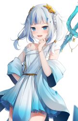 Rule 34 | 1girl, :d, amashiro natsuki, blue dress, blue eyes, blue hair, braid, commentary, dress, gawr gura, gawr gura (party dress), gradient dress, grey hair, hand up, highres, hololive, hololive english, long hair, looking at viewer, multicolored hair, off shoulder, open mouth, polearm, sharp teeth, simple background, smile, solo, streaked hair, teeth, trident, twintails, virtual youtuber, weapon, white background, white dress