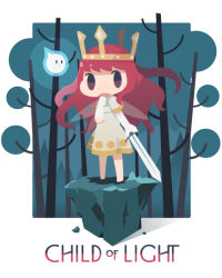 Rule 34 | 1girl, barefoot, brown eyes, child of light (game), copyright name, crown, domaso, fairy wings, gloves, igniculus, long hair, princess aurora, red hair, standing, stone, tree, weapon, wings