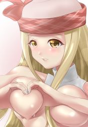 Rule 34 | 10s, 1girl, bare shoulders, blonde hair, breasts, brown eyes, diola (granblue fantasy), gradient background, granblue fantasy, heart, heart-shaped boob challenge, heart hands, long hair, medium breasts, pink background, pout, solo, white background, yosaku09161