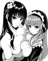 Rule 34 | 2girls, bare shoulders, blunt bangs, blush, breast press, breasts, cleavage, closed mouth, from side, greyscale, hair ornament, hair ribbon, head scarf, highres, hime cut, kojima saya, large breasts, long hair, looking at viewer, maken-shi no maken ni yoru maken no tame no harem life, monochrome, multiple girls, off shoulder, parted lips, ribbon, simple background, smile, symmetrical docking, white background