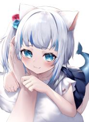 Rule 34 | 1girl, :3, animal ears, blue eyes, blue hair, blush, cat ears, cheek rest, cube hair ornament, fang, fins, fish tail, gawr gura, gawr gura (casual), hair ornament, hand on another&#039;s cheek, hand on another&#039;s face, highres, hinamayo, hololive, hololive english, looking at viewer, multicolored hair, pov, pov hands, shark tail, side ponytail, simple background, solo focus, streaked hair, tail, virtual youtuber, white background, white hair
