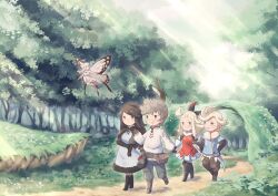 Rule 34 | 2boys, 3girls, absurdres, agnes oblige, ahoge, airy (bravely default), armor, armored dress, black gloves, black hair, blonde hair, blue eyes, boots, bow, bravely default: flying fairy, bravely default (series), brown eyes, brown hair, butterfly wings, day, dress, edea lee, elbow gloves, fairy, fairy wings, forest, gloves, hair bow, hairband, highres, insect wings, long hair, long sleeves, looking at another, marian oekaki, mini person, minigirl, multiple boys, multiple girls, nature, open mouth, outdoors, pompadour, ringabel, short hair, smile, thigh boots, tiz arrior, tree, walking, white dress, wings