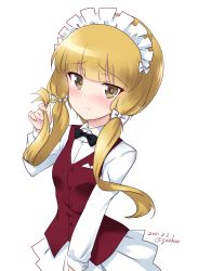 Rule 34 | 1girl, artist name, black bow, black bowtie, blonde hair, blush, bow, bowtie, breasts, brown eyes, closed mouth, cutlass (girls und panzer), dated, girls und panzer, highres, kuzuryuu kennosuke, looking at viewer, maid headdress, medium hair, shiny skin, simple background, small breasts, smile, solo, twintails, upper body, white background