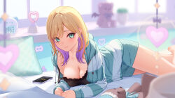 1girl absurdres alarm_clock aqua_eyes barefoot black_camisole blonde_hair blue_jacket blue_shorts breasts camisole cellphone cleavage clock colored_inner_hair elbow_rest heart highres indoors jacket kurumi_noah kurumi_noah_(6th_costume) lace-trimmed_camisole lace_trim large_breasts long_sleeves looking_at_viewer lying medium_hair multicolored_hair nikichiho pajamas phone pillow purple_hair short_shorts shorts smartphone smile solo strap_slip stuffed_animal stuffed_toy swept_bangs teddy_bear virtual_youtuber vspo! window zipper