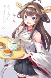 Rule 34 | 10s, 1girl, :d, ahoge, alternate eye color, bad id, bad pixiv id, bare shoulders, black skirt, black tea, blue eyes, brown hair, cup, detached sleeves, double bun, hairband, headgear, highres, holding, holding tray, japanese clothes, kantai collection, kongou (kancolle), kongou kai ni (kancolle), long hair, nonon (xenonbot), nontraditional miko, open mouth, pleated skirt, ribbon-trimmed sleeves, ribbon trim, skirt, smile, solo, tea, teacup, translated, tray, wide sleeves