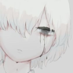 Rule 34 | 1boy, avogado6, close-up, colored tears, commentary request, crying, empty eyes, grey eyes, head tilt, male focus, original, parted lips, portrait, short hair, simple background, solo, tears, white background, white hair